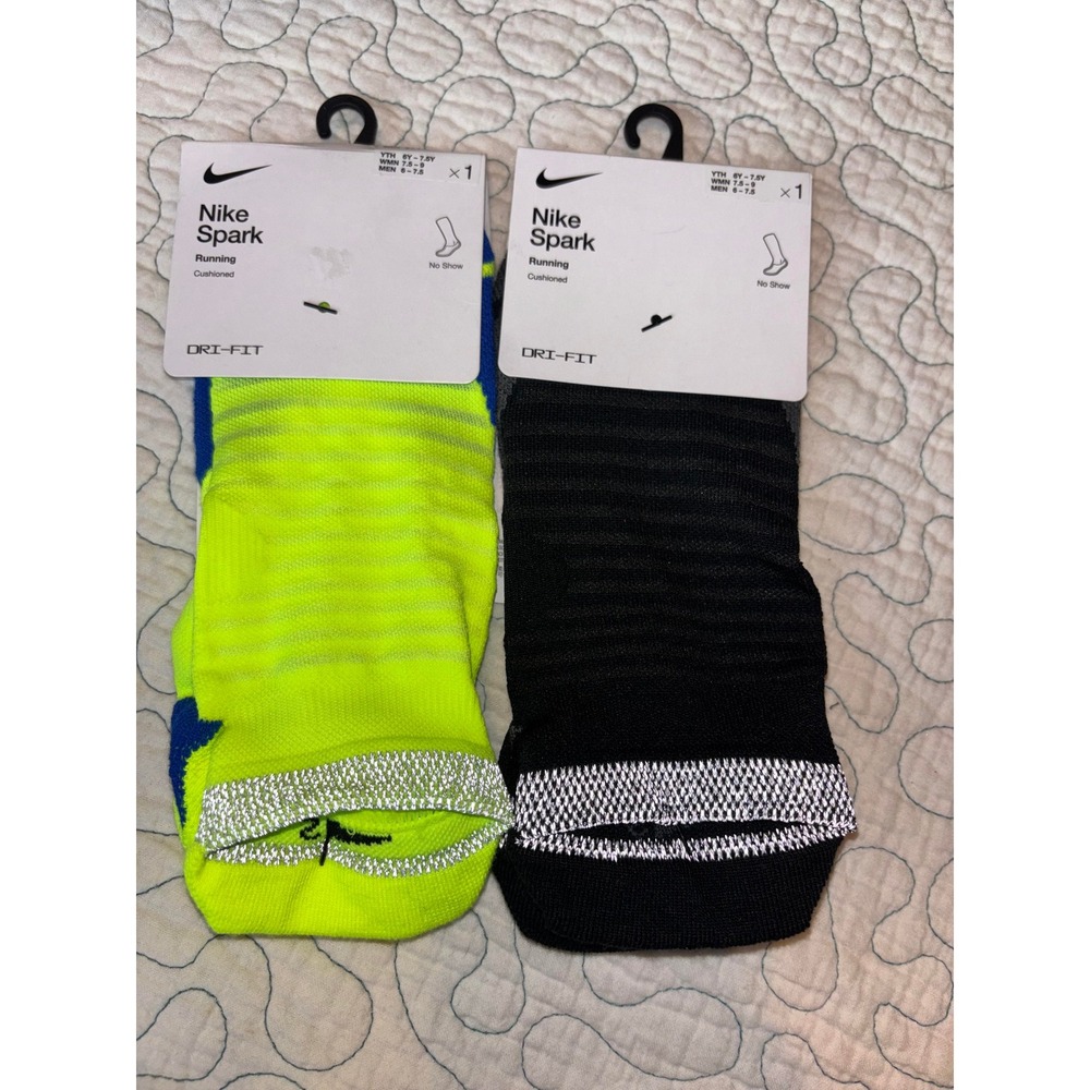 Nike Spark Running Cushioned No Show Socks Dri-FIT 2pk Black Volt Womens 7.5-9